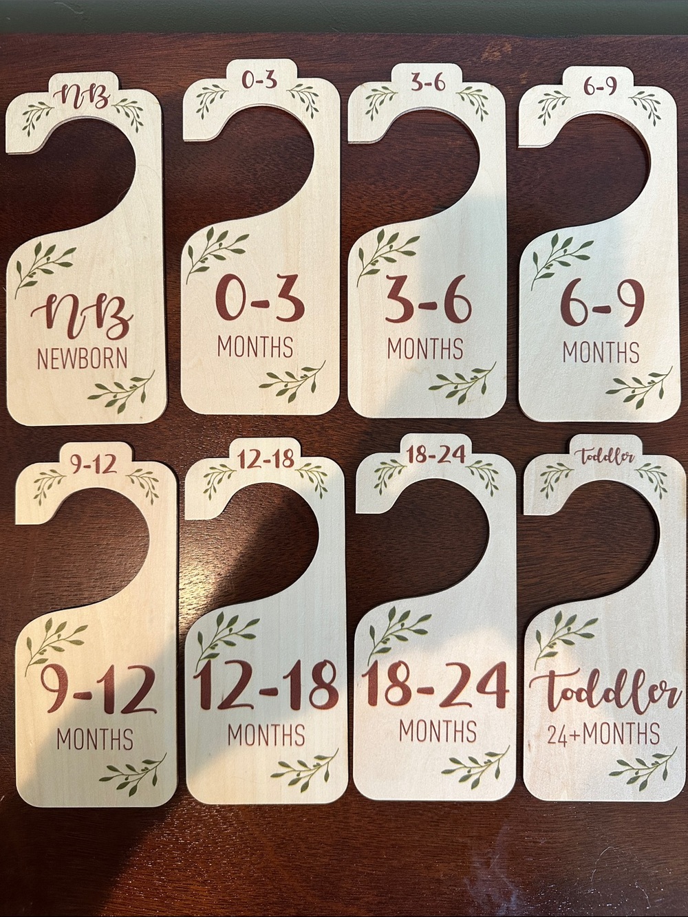 Neutral Wood Baby Closet Dividers - Set with Olive and Burgundy Accents